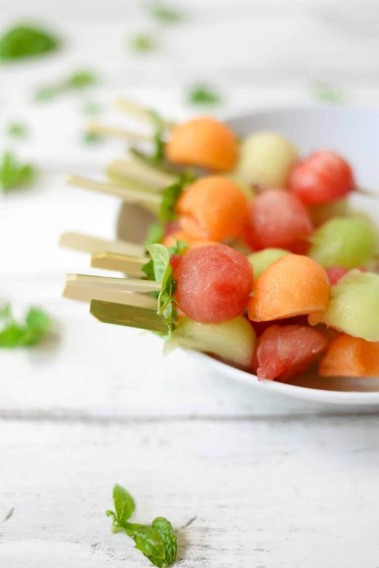 Melon Ball Skewers with BasilMint Dressing Delish Knowledge