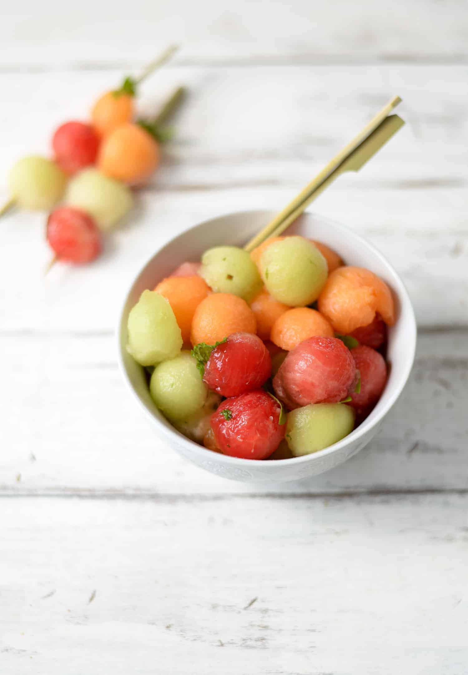 Melon Ball Skewers With Basil-Mint Dressing. A Refreshing Snack Or Dessert For Summer! Vegan And Gluten-Free | Www.delishknowledge.com