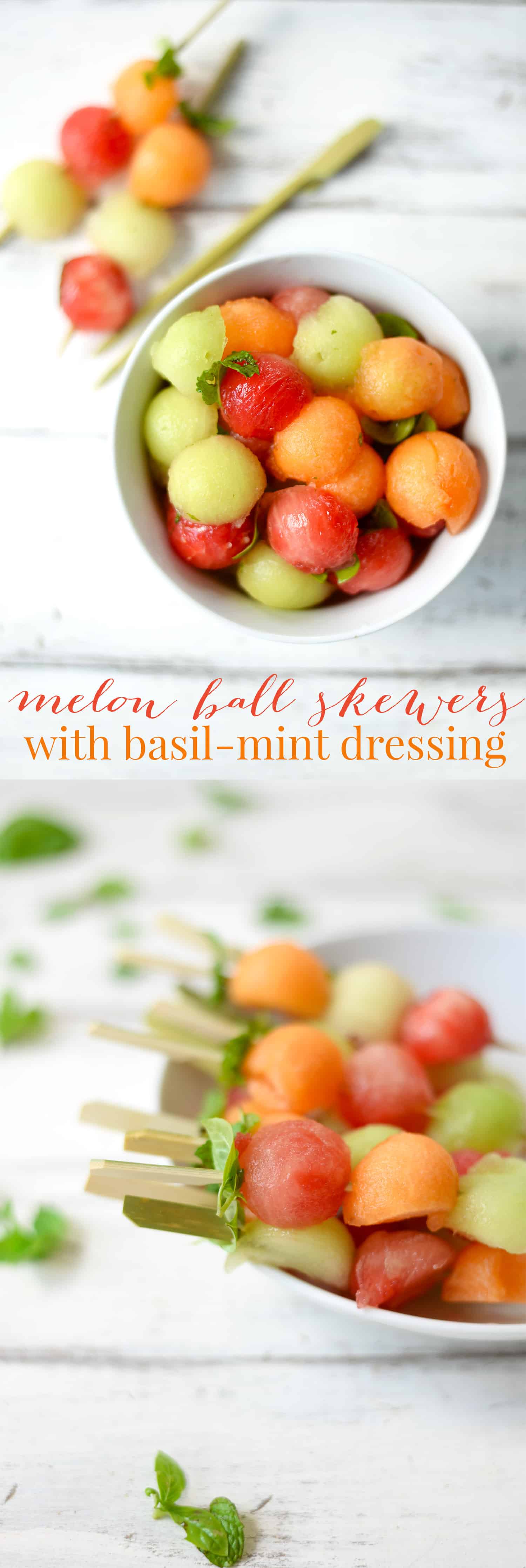 Melon Ball Skewers with Basil-Mint Dressing. A refreshing snack or dessert for summer! Vegan and Gluten-Free | www.delishknowledge.com