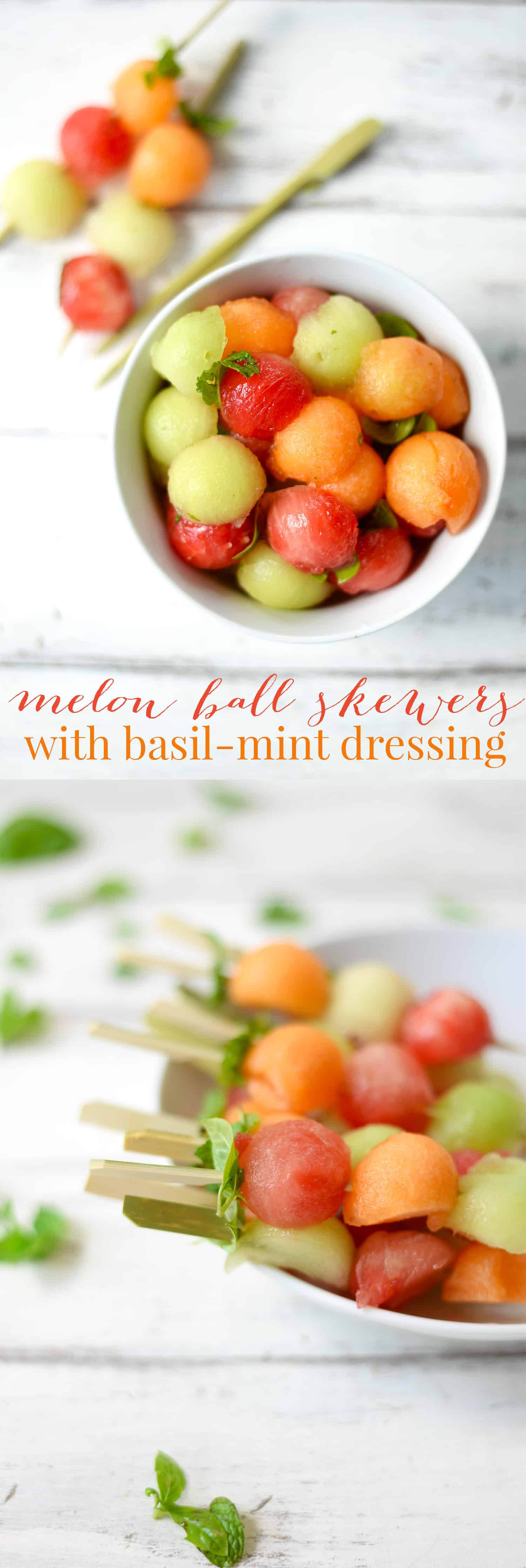 Melon Ball Skewers With Basil-Mint Dressing. A Refreshing Snack Or Dessert For Summer! Vegan And Gluten-Free | Www.delishknowledge.com