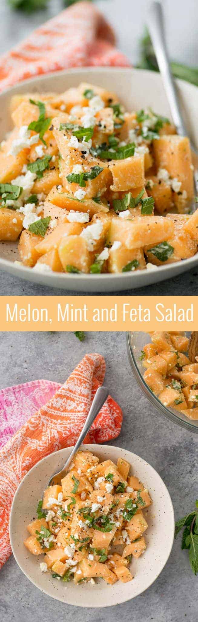 Melon, Mint and Feta Salad! This is the perfect sweet and salty combination. Great side-dish for summer, potlucks and cookouts. Cubes of melon, feta, mint and a lime dressing. Vegetarian and Gluten-Free. | delishknowledge.com