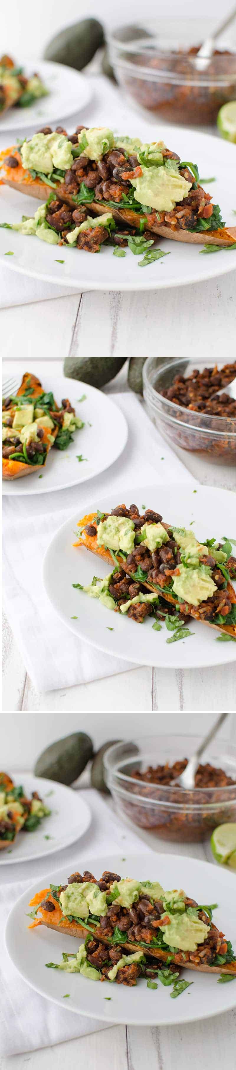 Mexican Stuffed Sweet Potatoes! Baked Potatoes Stuffed With Spinach, Spicy Black Beans, Avocado And Cilantro. This Meal Is So Filling And Packed With Nutrition! Gluten Free And Vegan! | Www.delishknowledge.com