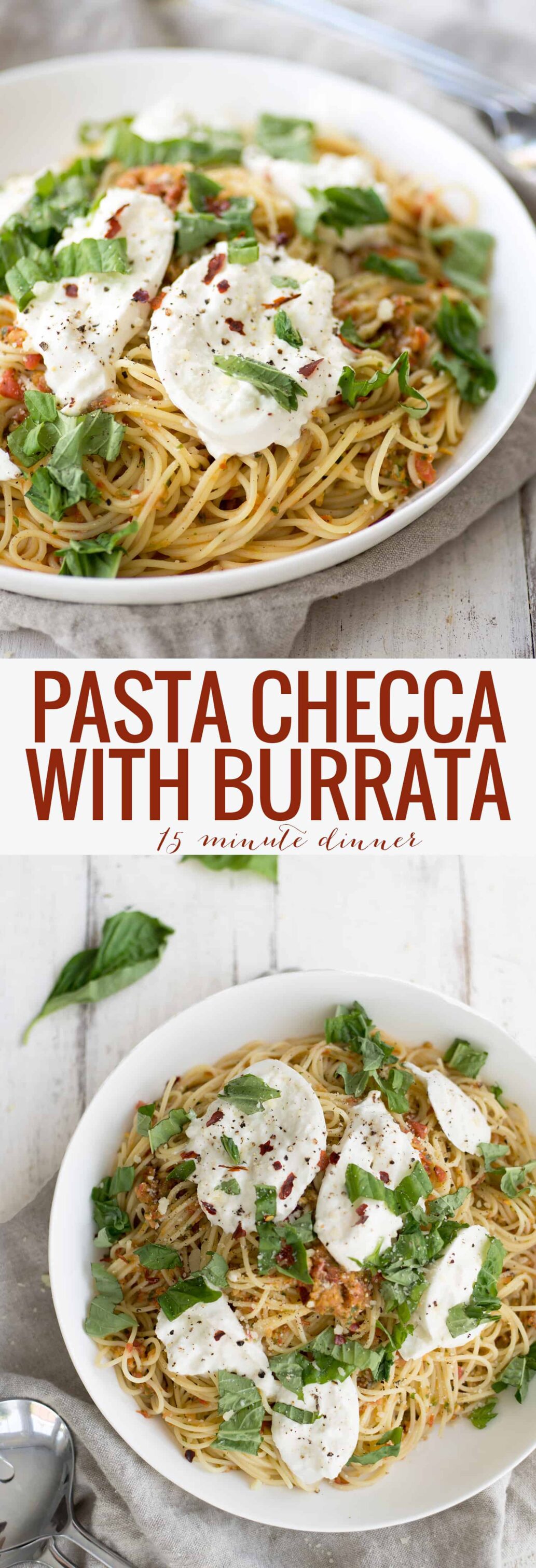 Perfect no-cook summer dinner! Pasta Checca with Burrata! This recipe is ready in just 15 minutes. Quick, no-cook sauce tossed with hot angel hair pasta and topped with creamy burrata. Vegetarian. | www.delishknowledge.com