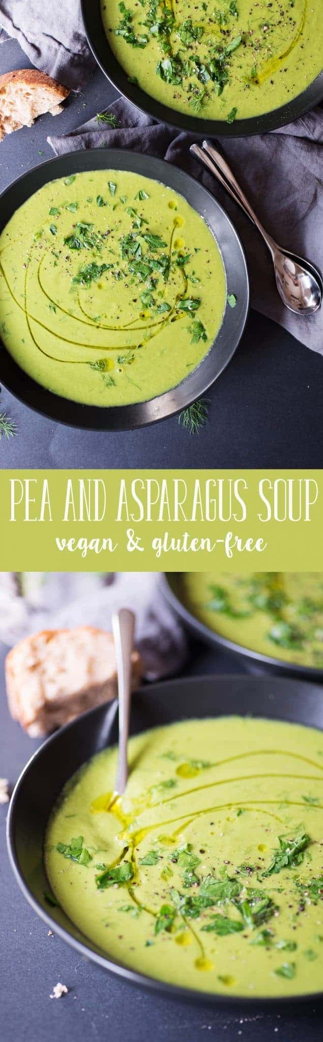 Pea and Asparagus Soup! This dairy-free, vegetable soup is perfect for Spring or Easter. Gluten-Free and Vegan. | www.delishknowledge.com