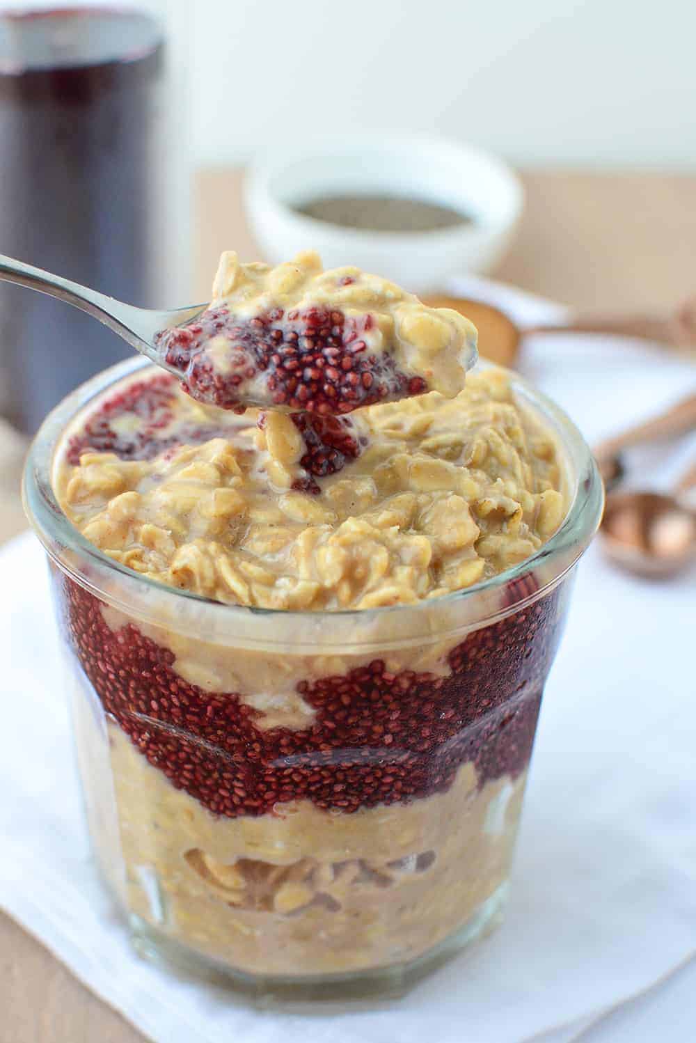 Peanut butter overnight oats with chia jam