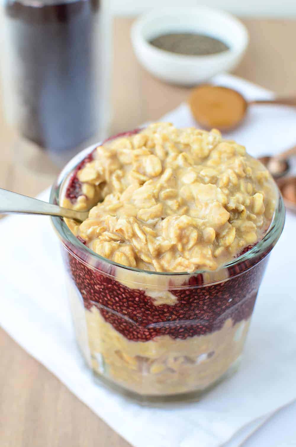 Eating the PB and J overnight oats with a spoon