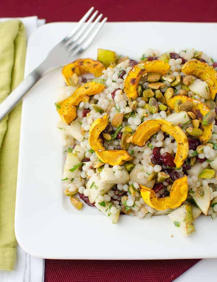 Fall Salad! Healthy, Vegan. Israeli Couscous Tossed With Roasted Delicata Squash, Cranberries, Pistachios, And Pear. Maple Apple Dressing! | Www.delishknowledge.com