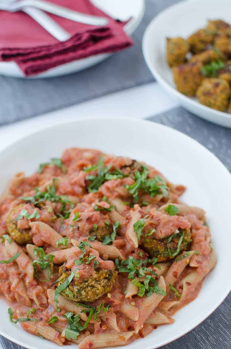 Penne alla vodka in a white bowl 