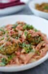 Penne a la vodka! Vegan sauce tossed with whole wheat penne. Served with homemade mushroom meatballs!