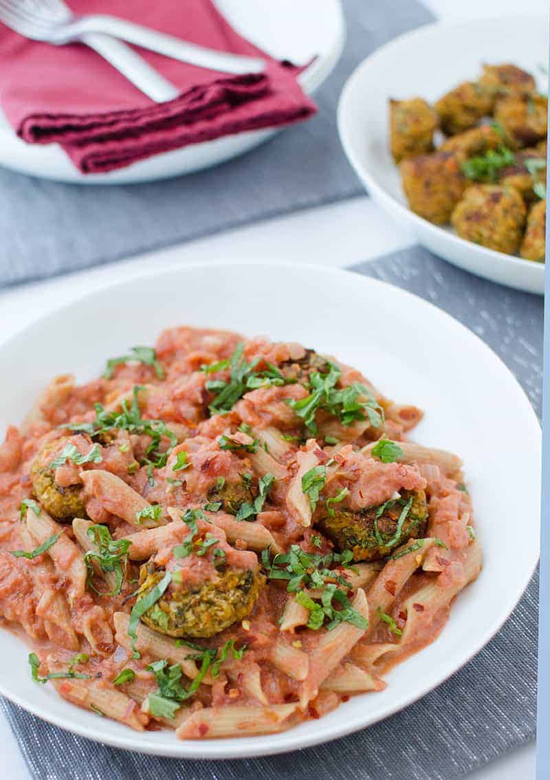 Vegan Penne a la vodka recipe with mushroom meatballs