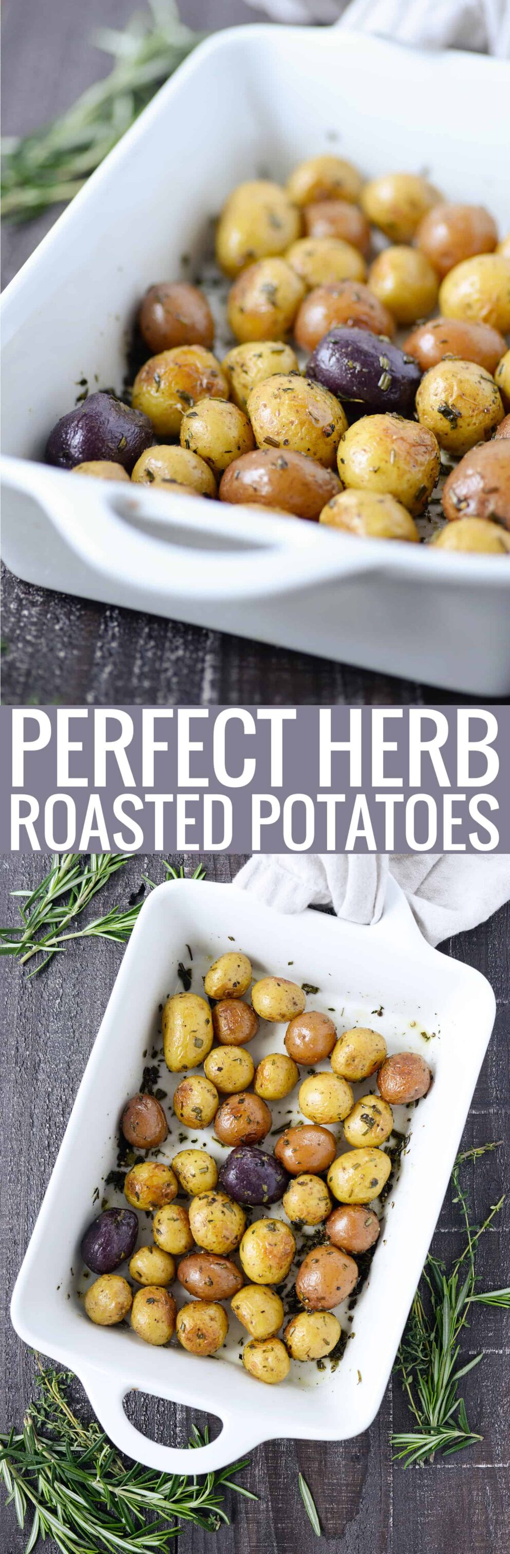 Perfect Herb Roasted Potatoes. These recipes are roasted with sage, rosemary and thyme. Perfect for #thanksgiving, the #holidays or any simple table! #Vegan and #Glutenfree. #healthy #vegetarian #sidedish #christmas #recipes #healthyrecipe | www.delishknowledge.com
