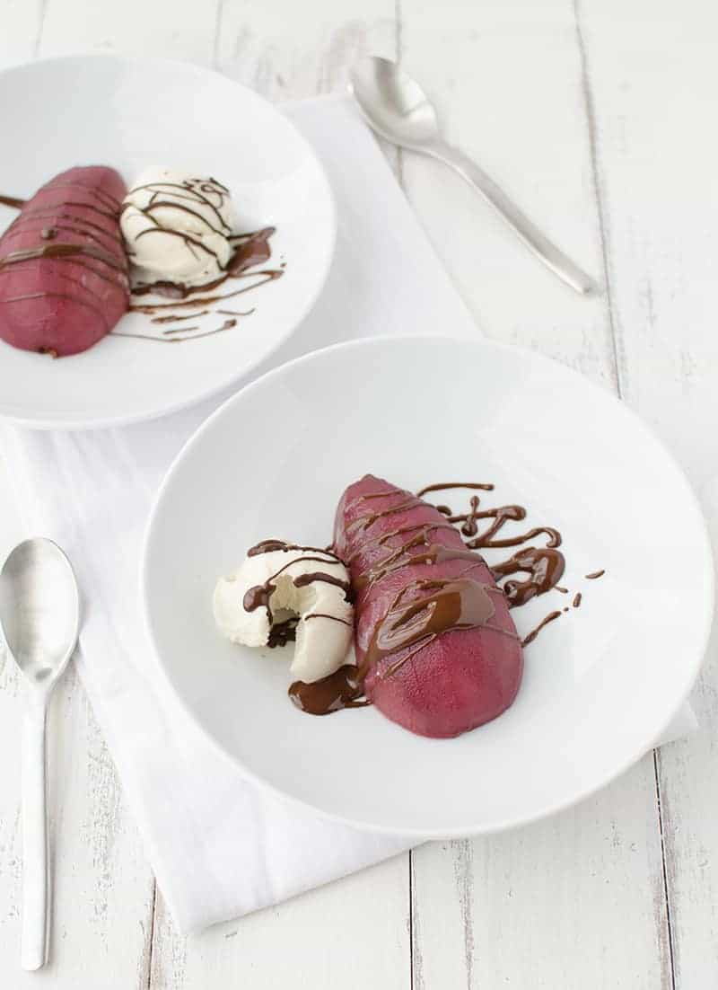 Wine Poached Pears In Chocolate Sauce