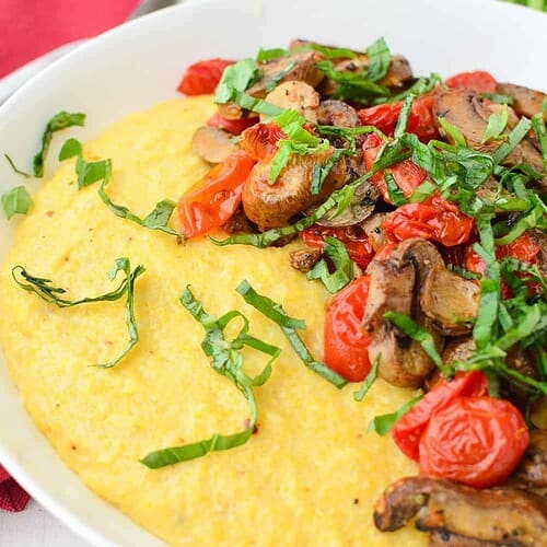 Vegan Polenta Bowl 7 Weeknight Comfort Food! Cheesy Polenta Bowl Topped With Roasted Tomatoes And Mushrooms. Vegan And Gluten-Free. | Www.delishknowledge.com