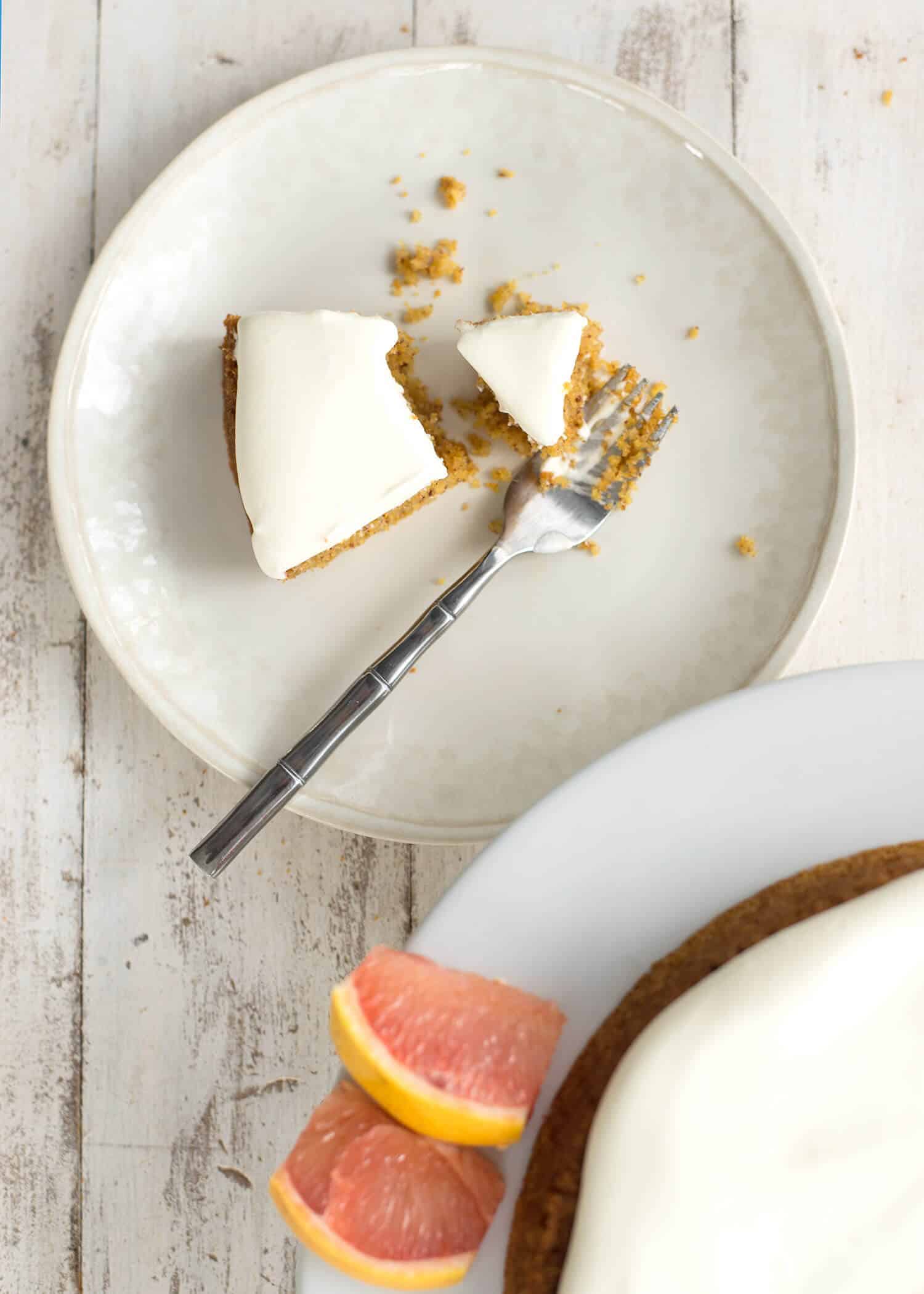 Polenta Orange Brunch Cake! Lightly sweetened (with fruit juice and Stevia) and perfect for brunch or afternoon snack! Slightly savory, this cake is the perfect pairing with a cup of tea.