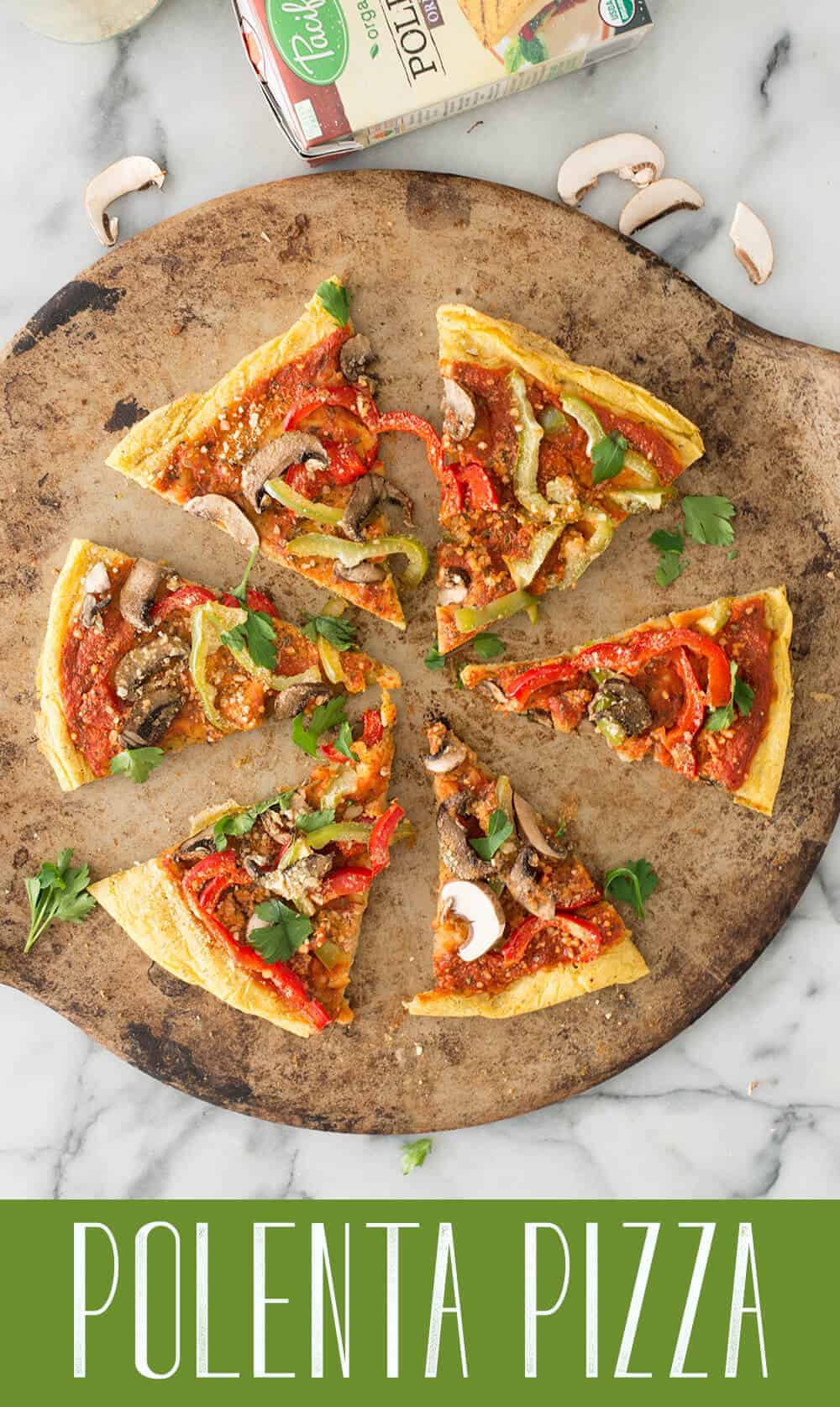 Polenta Pizza! You've got try this unusual twist on pizza. Polenta pizza crust topped with sauce, vegetables and vegan parmesan cheese.| www.delishknowledge.com