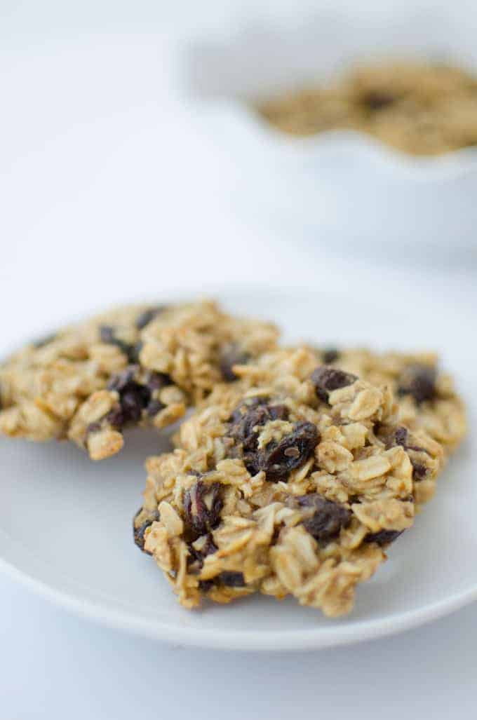 Healthy oatmeal raisin cookies! Lightly sweetened with a touch of maple syrup and raisins! Chunky oatmeal cookies that are vegan with gluten-free option! Recipe on delishknowledge.com