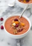 Raspberry Gazpacho! This Refreshing Soup Is Perfect For Summer Entertaining. Vegan And Gluten-Free, Make Ahead For An Easy Appetizer Or Dinner. | Www.delishknowledge.com