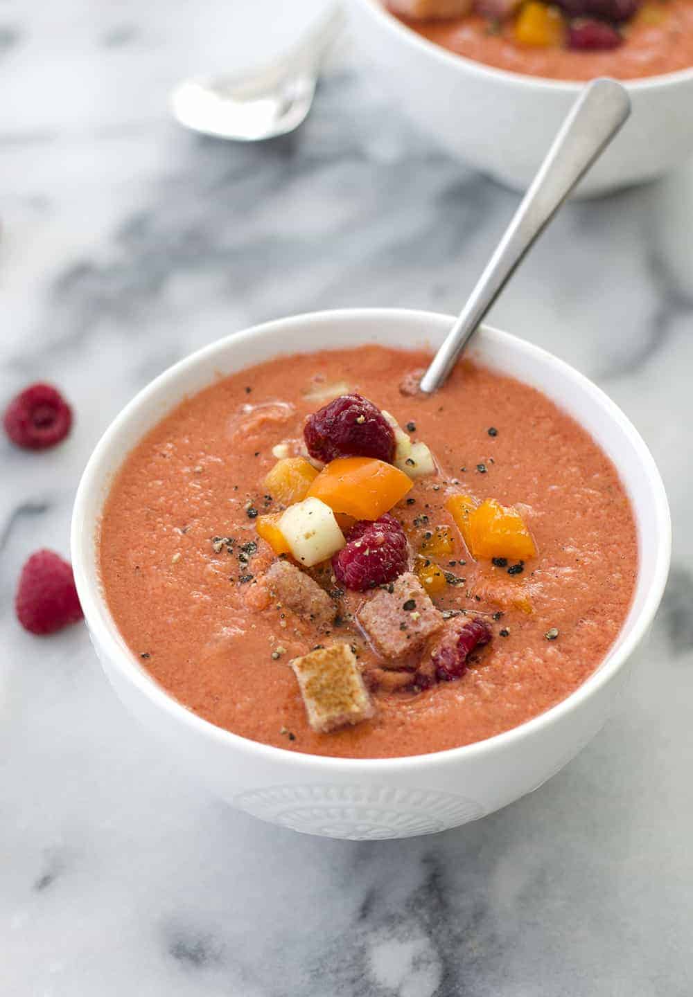 Raspberry Gazpacho! This Refreshing Soup Is Perfect For Summer Entertaining. Vegan And Gluten-Free, Make Ahead For An Easy Appetizer Or Dinner. | Www.delishknowledge.com