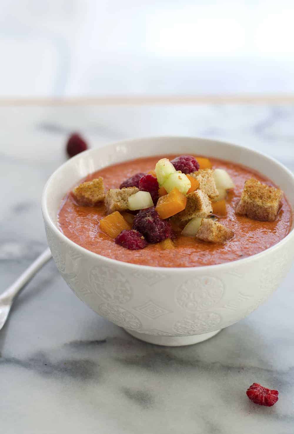 Raspberry Gazpacho! This Refreshing Soup Is Perfect For Summer Entertaining. Vegan And Gluten-Free, Make Ahead For An Easy Appetizer Or Dinner. | Www.delishknowledge.com