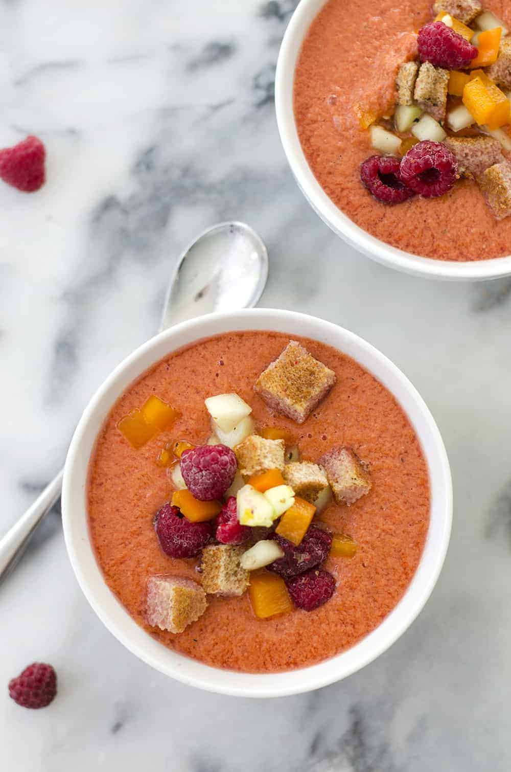 Raspberry Gazpacho! This Refreshing Soup Is Perfect For Summer Entertaining. Vegan And Gluten-Free, Make Ahead For An Easy Appetizer Or Dinner. | Www.delishknowledge.com