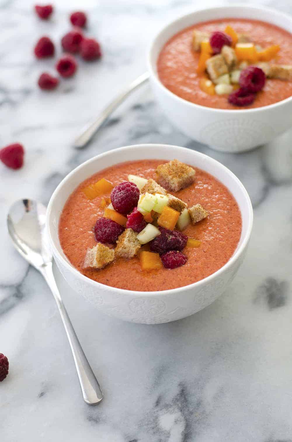 Raspberry Gazpacho! This Refreshing Soup Is Perfect For Summer Entertaining. Vegan And Gluten-Free, Make Ahead For An Easy Appetizer Or Dinner. | Www.delishknowledge.com