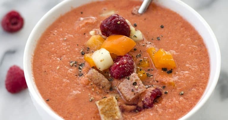 Vegan Raspberry Gazpacho! The Perfect Summer Soup Recipe. Frozen Raspberries, Peppers And Spices Blended Together For A Refreshing Summer Soup. | Vegan | Delishknowledge.com