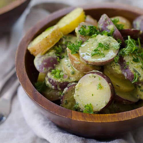 Red, White and Blue Potato Salad 10 Red, White And Blue Potato Salad! Ready In Just 15 Minutes! Vegan And Gluten-Free. Little Creamer Potatoes Tossed In A Tangy Herb Dressing. Perfect For Summer Bbqs, Picnics And Cookouts! | Www.delishknowledge.com
