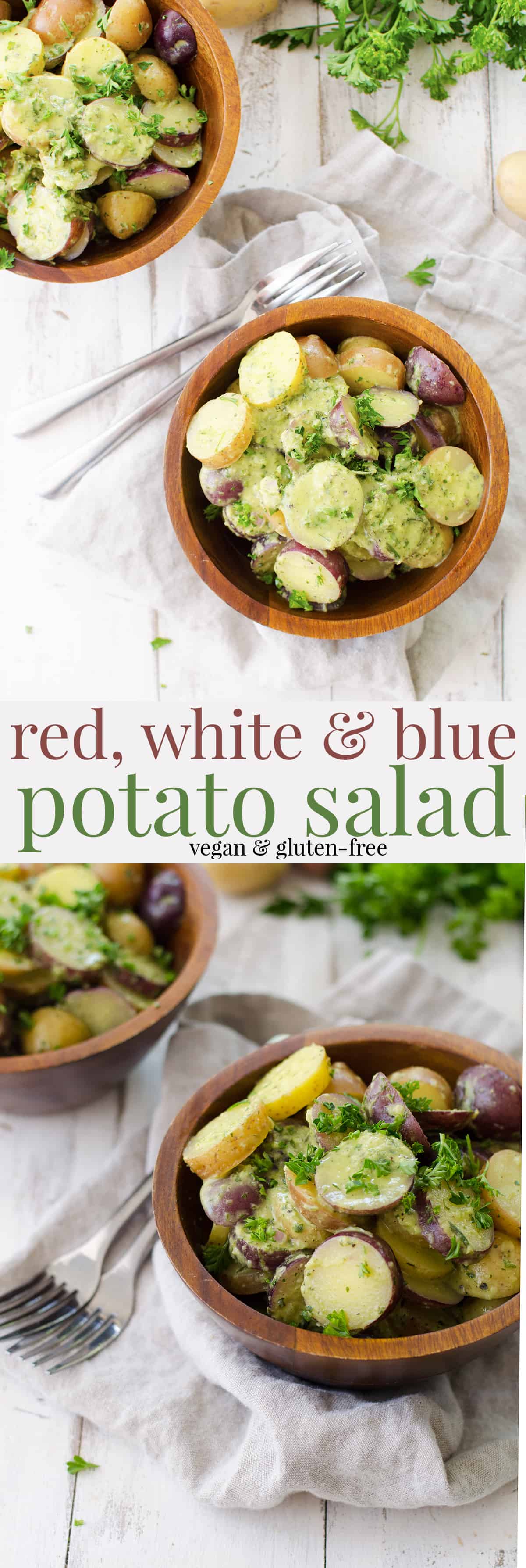 Red, White and Blue Potato Salad! Ready in just 15 minutes! Vegan and Gluten-Free. Little creamer potatoes tossed in a tangy herb dressing. Perfect for summer BBQs, Picnics and Cookouts! | www.delishknowledge.com