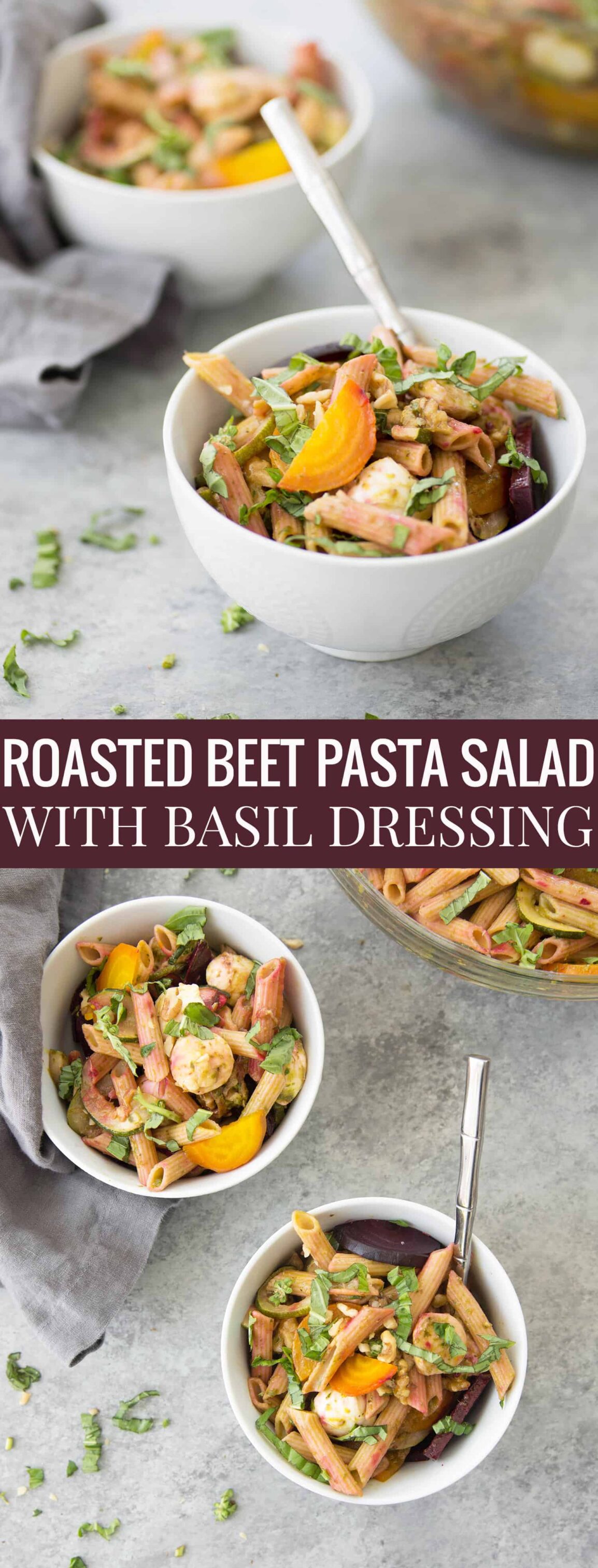 Roasted Beet Pasta Salad with Basil Dressing! This healthy pasta salad is perfect for summer BBQs, potlucks and get-togethers. Save this when you need a healthy unique vegetarian pasta salad. | www.delishknowledge.com