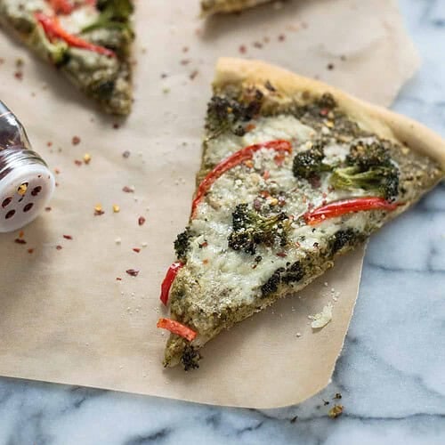 Roasted Broccoli Pesto Pizza! Roasted Broccoli Pesto, Roasted Broccoli, Peppers, And Fontina Cheese. So, So Yummy! Vegetarian | Www.delishknowledge.com