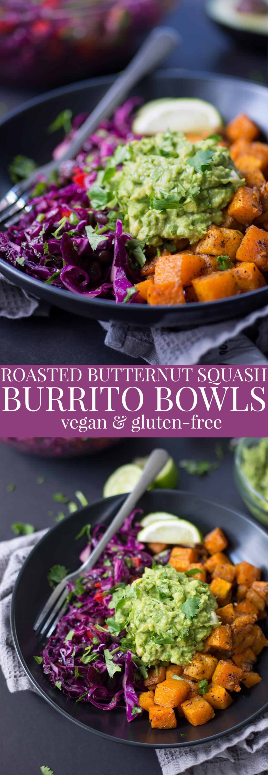 Roasted Butternut Squash Burrito Bowls! You will love these gluten-free and vegan burrito bowls. Roasted and spiced butternut squash cubes, black bean and cabbage slaw with homemade guacamole. Vegan & Gluten-Free | www.delishknowledge.com