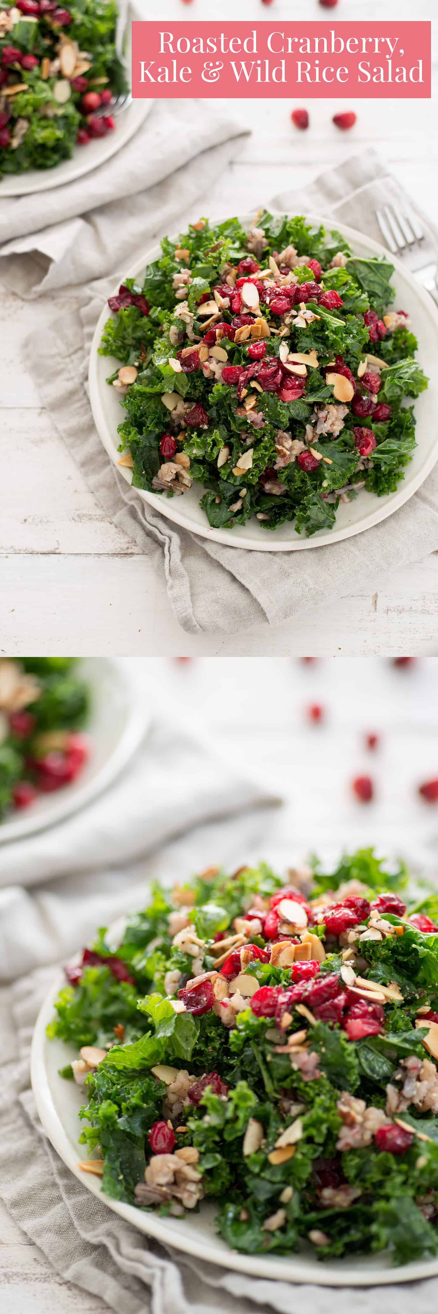 Roasted Cranberry, Wild Rice and Kale Salad! The perfect salad for the holiday season. Roasted thyme cranberries with wild rice, toasted almonds, wild rice and maple-shallot dressing. Vegan and Gluten-Free. | www.delishknowledge.com