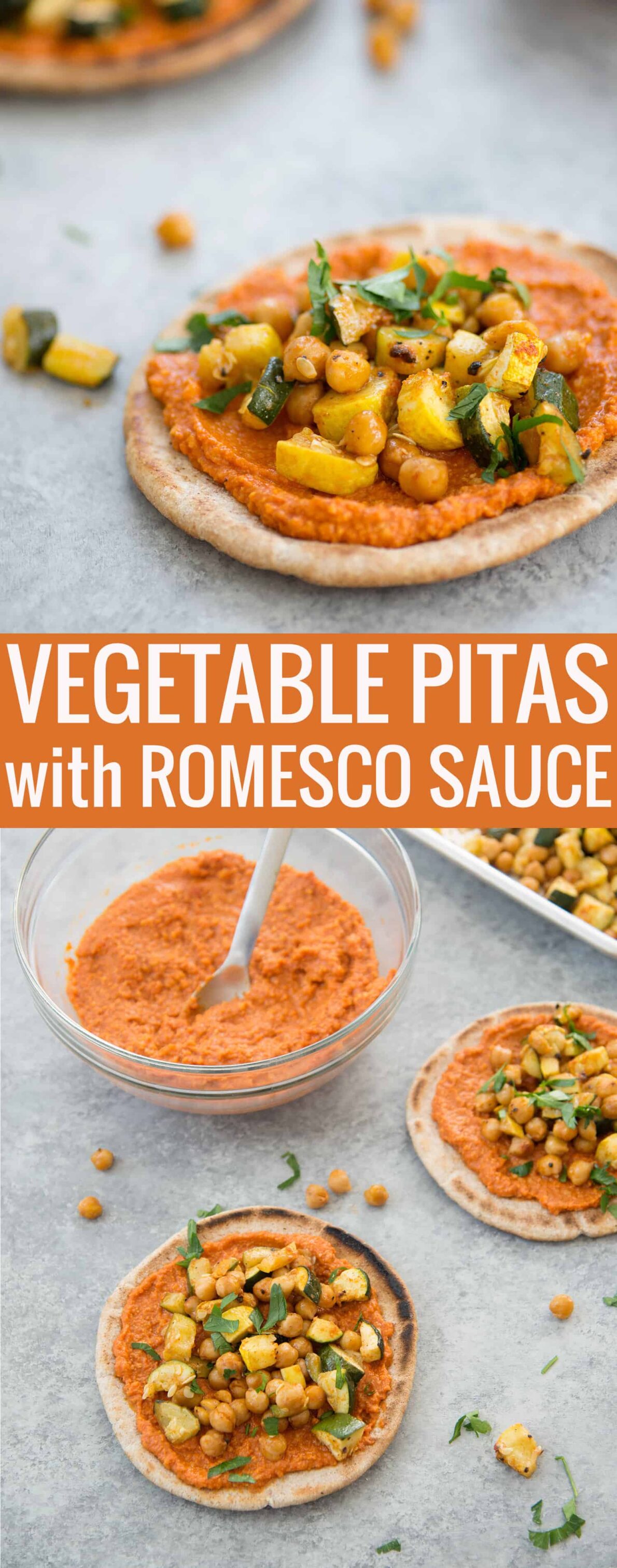 Roasted Vegetable Pitas with Romesco Sauce! Everyone loves these healthy, vegan sandwiches. Homemade romesco sauce with roasted vegetables and chickpeas. | www.delishknowledge.com