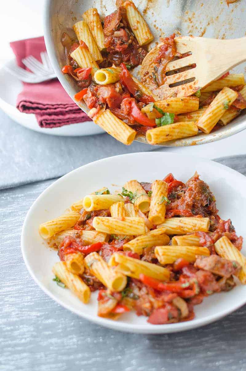 The Best Vegan Pasta! Sauteed 'Sausage' And Red Peppers In A Spicy Sauce! Ready In 40 Minutes But Tastes Like You Been Making The Sauce All Day!