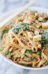 Fresh Ginger-Sesame Sauce Stir-Fried With Udon Noodles, Quick Fried Tofu And Spinach! So Much Healthier Than Take-Out! | Delishknowledge.com