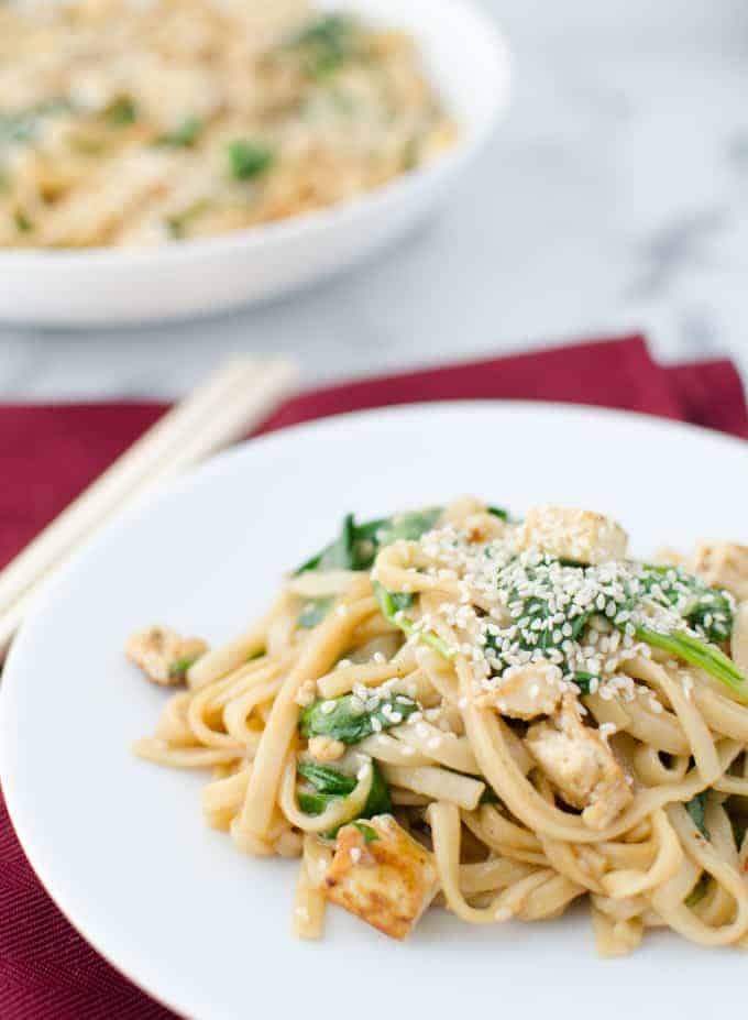 Fresh Ginger-Sesame Sauce Stir-Fried With Udon Noodles, Quick Fried Tofu And Spinach! So Much Healthier Than Take-Out! | Delishknowledge.com