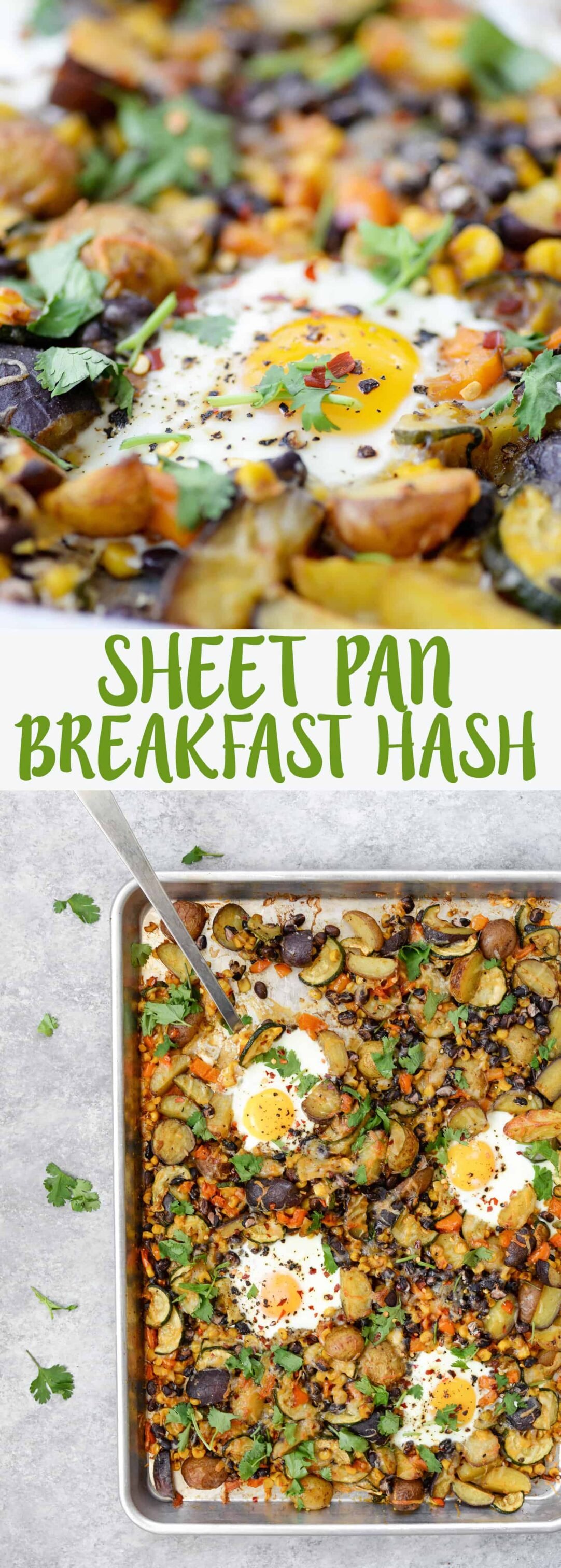 Sheet Pan Breakfast Hash! You are going to love this quick and easy dinner (or breakfast) idea. Roasted potatoes, zucchini, peppers, beans, corn and eggs. High-protein, vegetarian and gluten-free. | www.delishknowledge.com