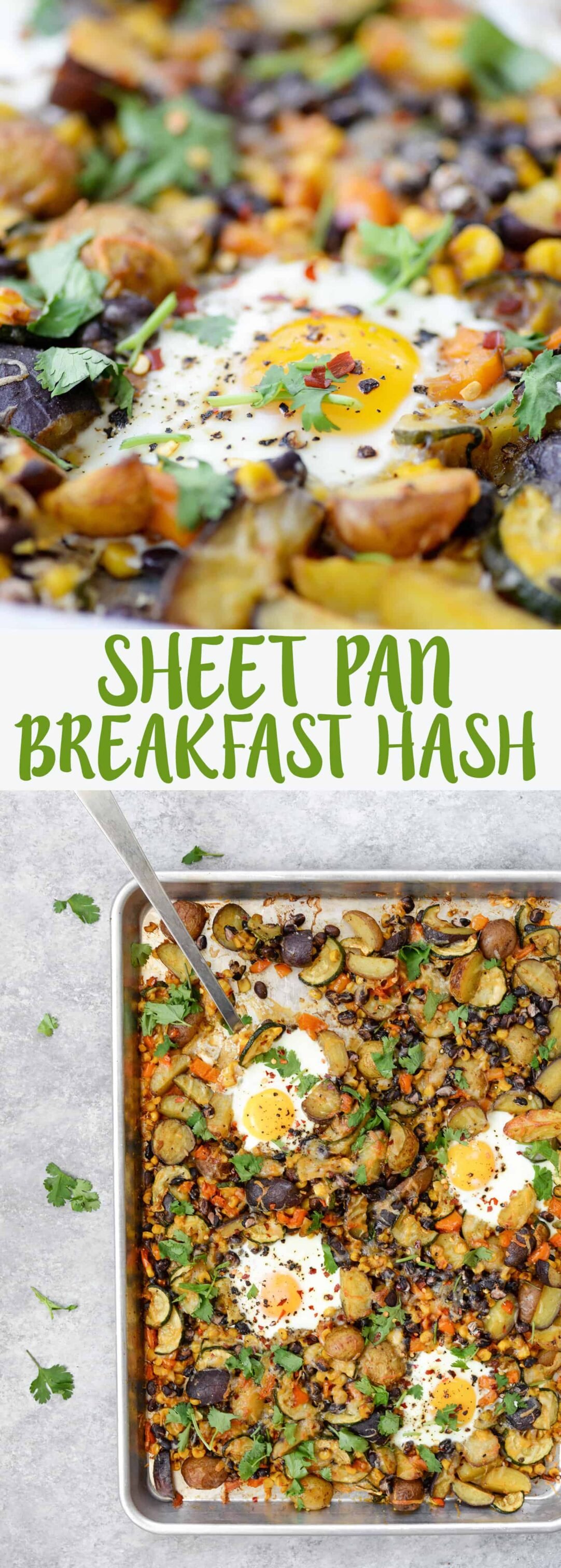 Sheet Pan Breakfast Hash! You Are Going To Love This Quick And Easy Dinner (Or Breakfast) Idea. Roasted Potatoes, Zucchini, Peppers, Beans, Corn And Eggs. High-Protein, Vegetarian And Gluten-Free. | Www.delishknowledge.com