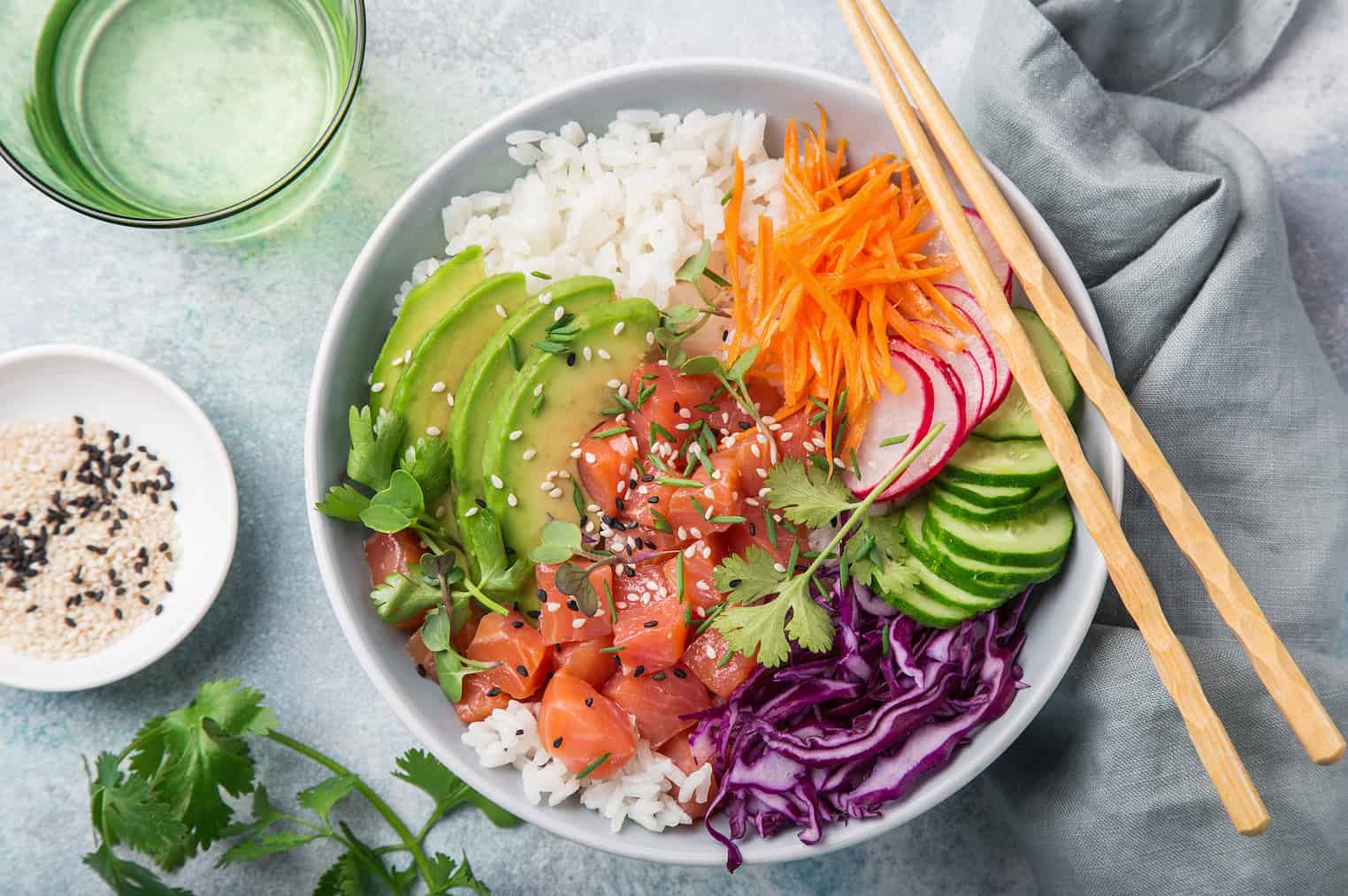 Salmon Poke Bowl (Avocado, Salmon, Carrot, Cucumber, Red Cabbage, Radish And Rice), Top View