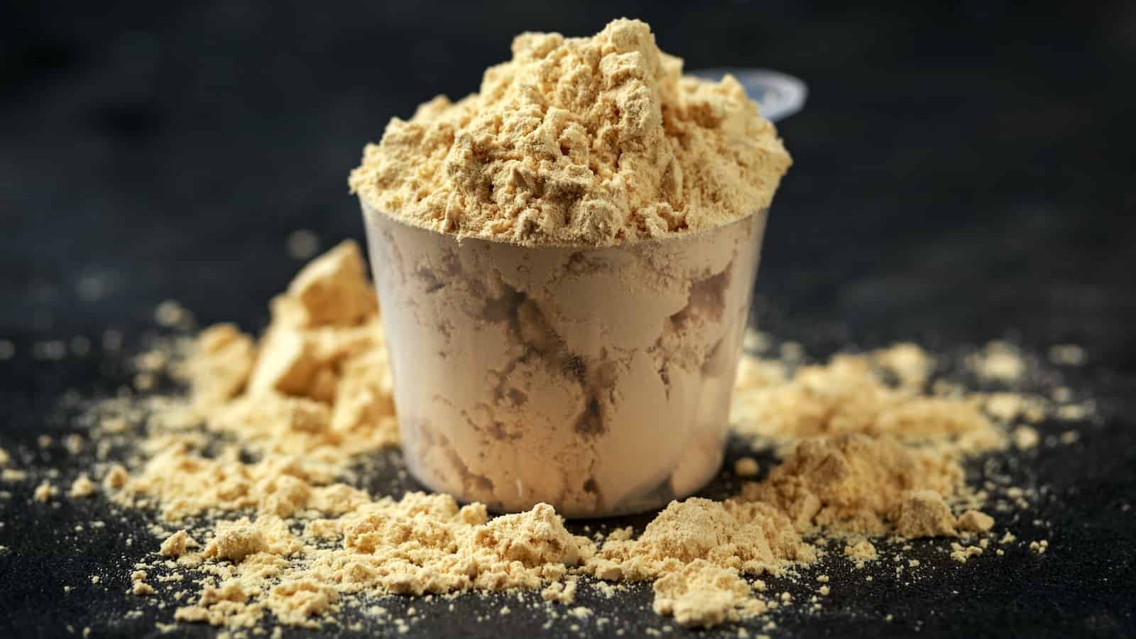 Scoop of Pea Vegan protein powder on dark rustic background. Sport nutrition.