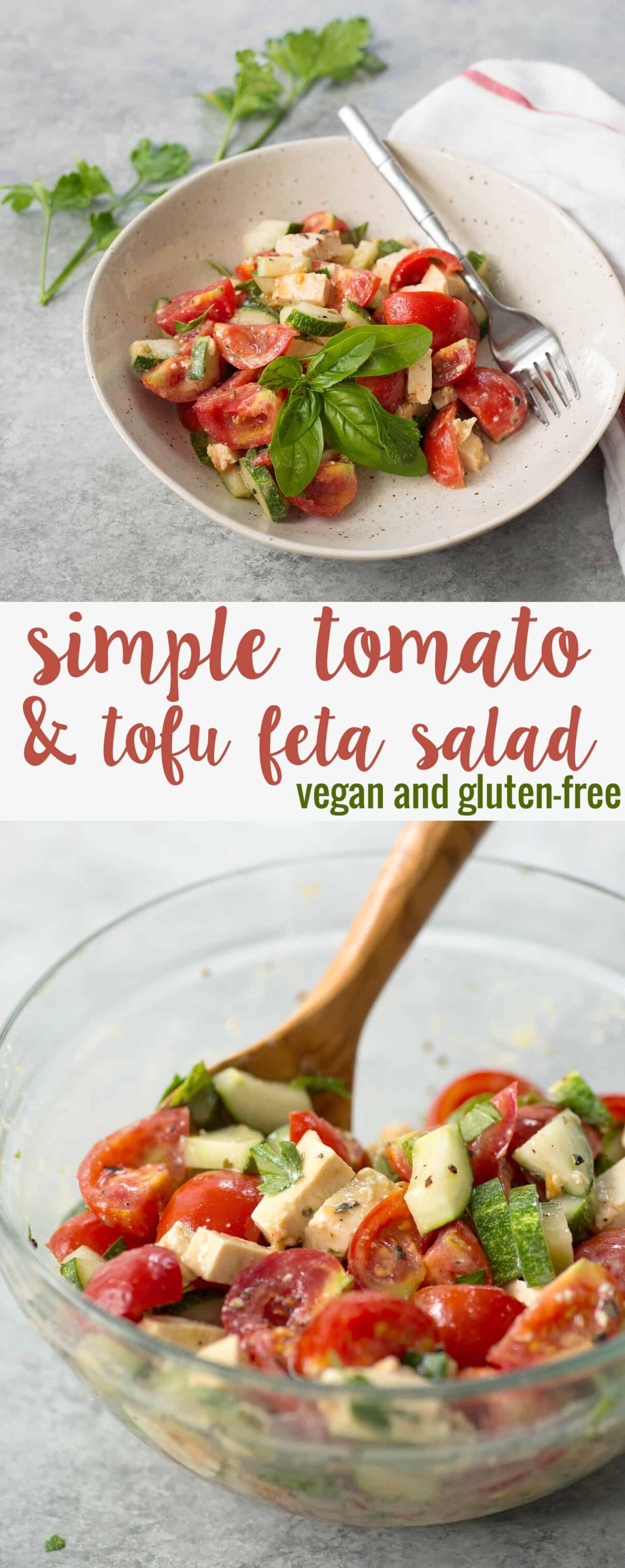 Simple Tomato and Tofu Feta Salad! This salad is so simple and easy; tomatoes, cucumbers, basil, parsley and homemade tofu feta. Vegan and gluten-free | www.delishknowledge.com