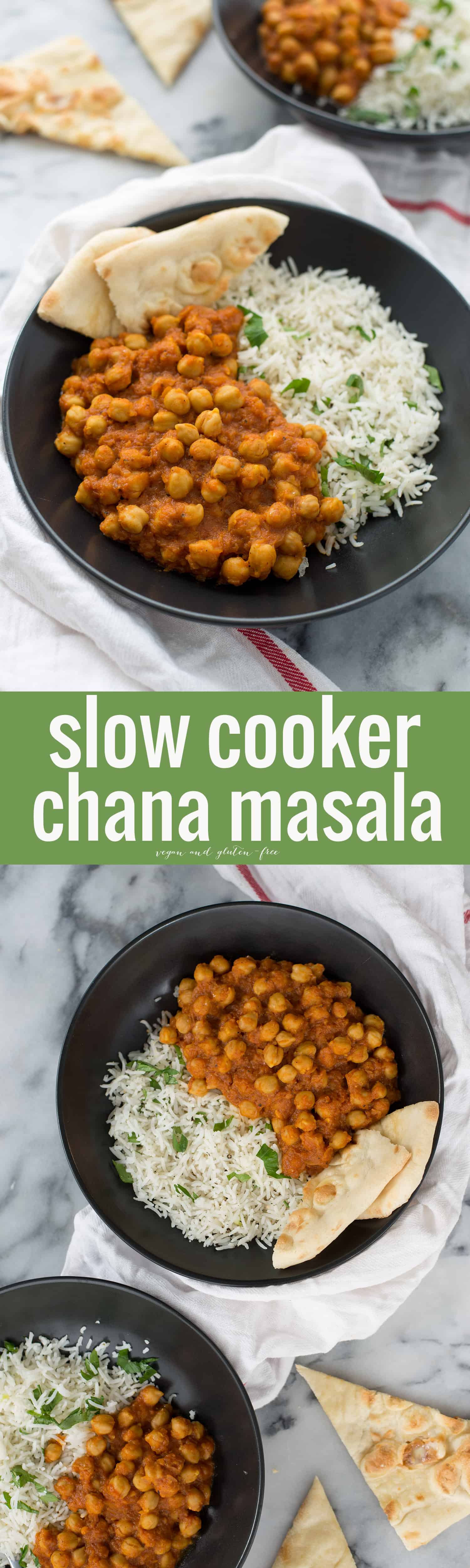 Slow Cooker Vegan Chana Masala. Chickpeas cooked in a fragrant, spiced tomato sauce. Make in the morning for dinner at night! Vegan and Gluten-Free | www.delishknowledge.com