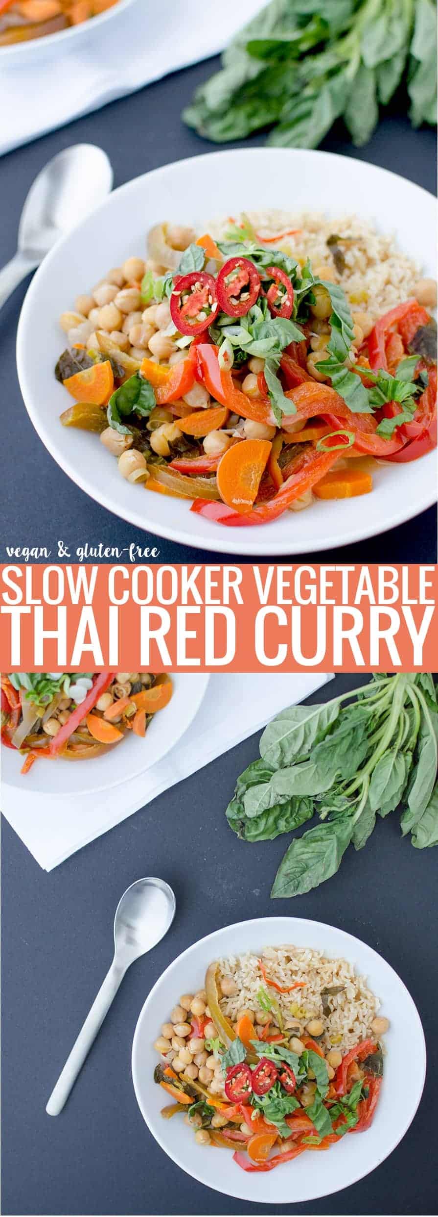 Vegan Slow Cooker Red Curry! Lots of vegetables & chickpeas cooked in a coconut-red curry sauce. Throw everything in the slow cooker and it's ready for dinner when you get home from work! #Vegan & #Glutenfree