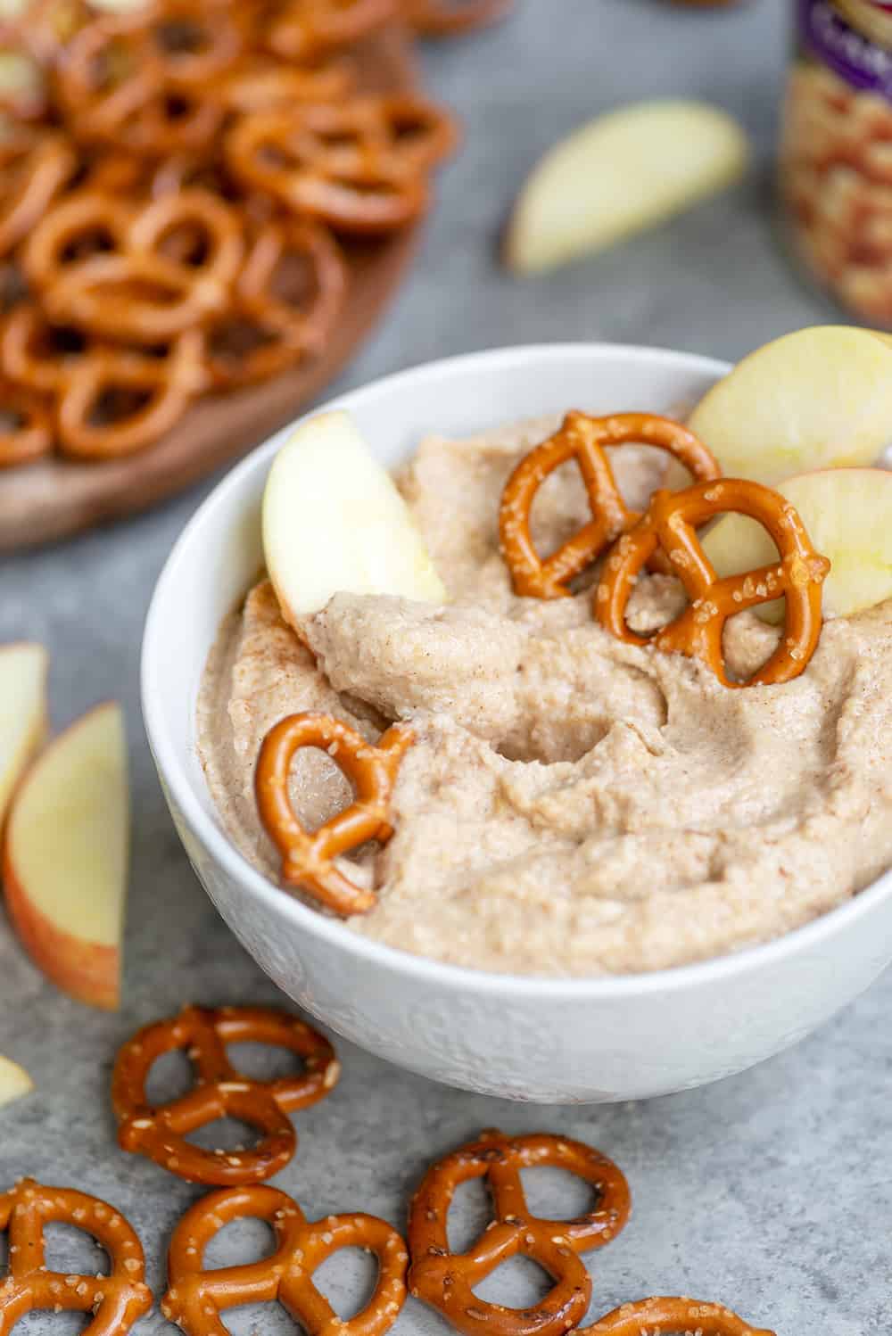 Pretzels And Apples With Snickerdoodle Dessert Hummus