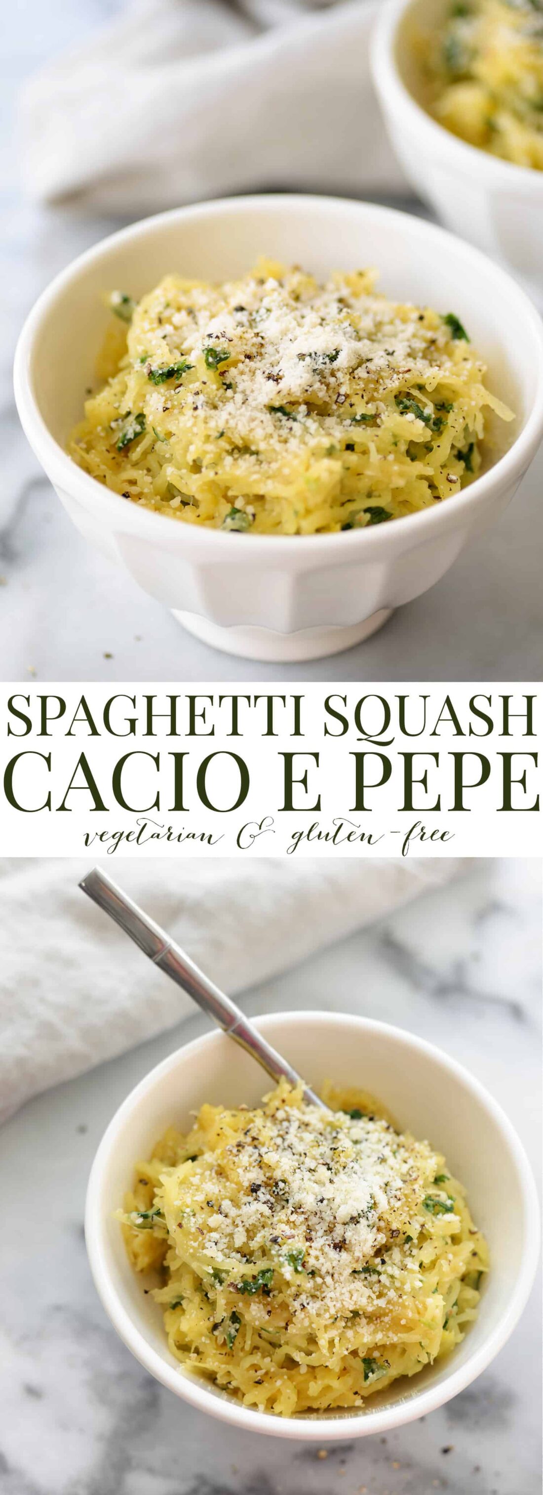 Spaghetti Squash Cacio e Pepe! If you like cacio e pepe (cheese and black pepper pasta) then you've gotta try this grain-free, vegetable version with spaghetti squash and kale. #glutenfree #vegetarian | www.delishknowledge.com