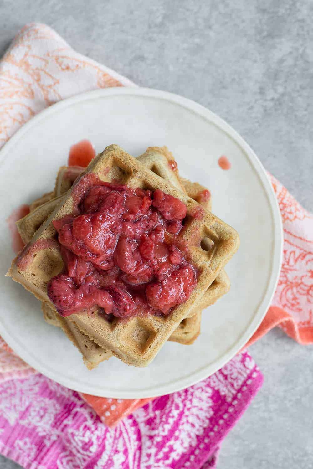 whole grain spelt waffles with strawberry syrup