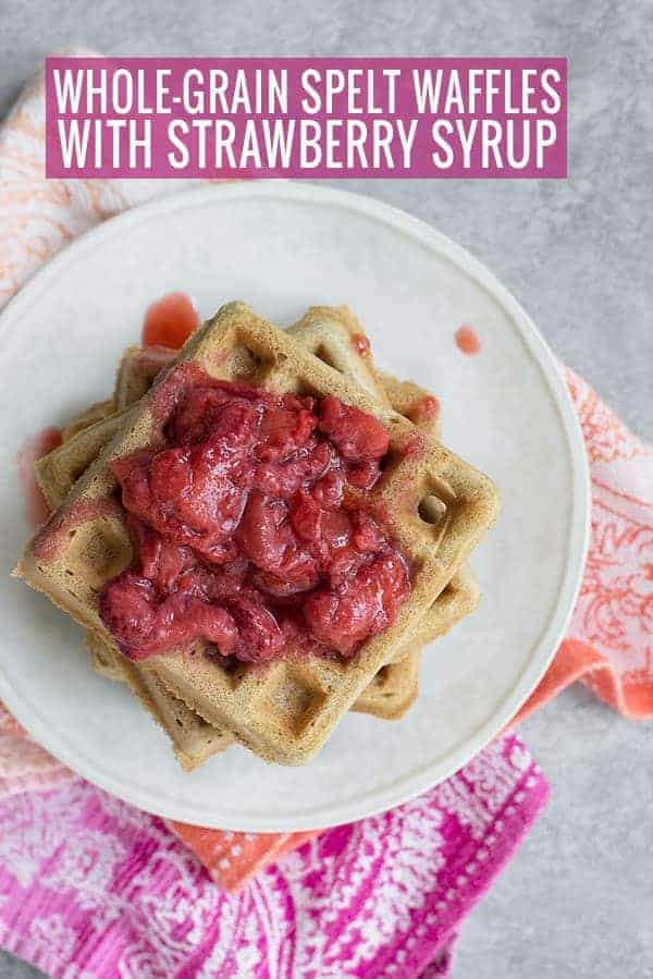 whole-grain spelt waffles with strawberry sauce