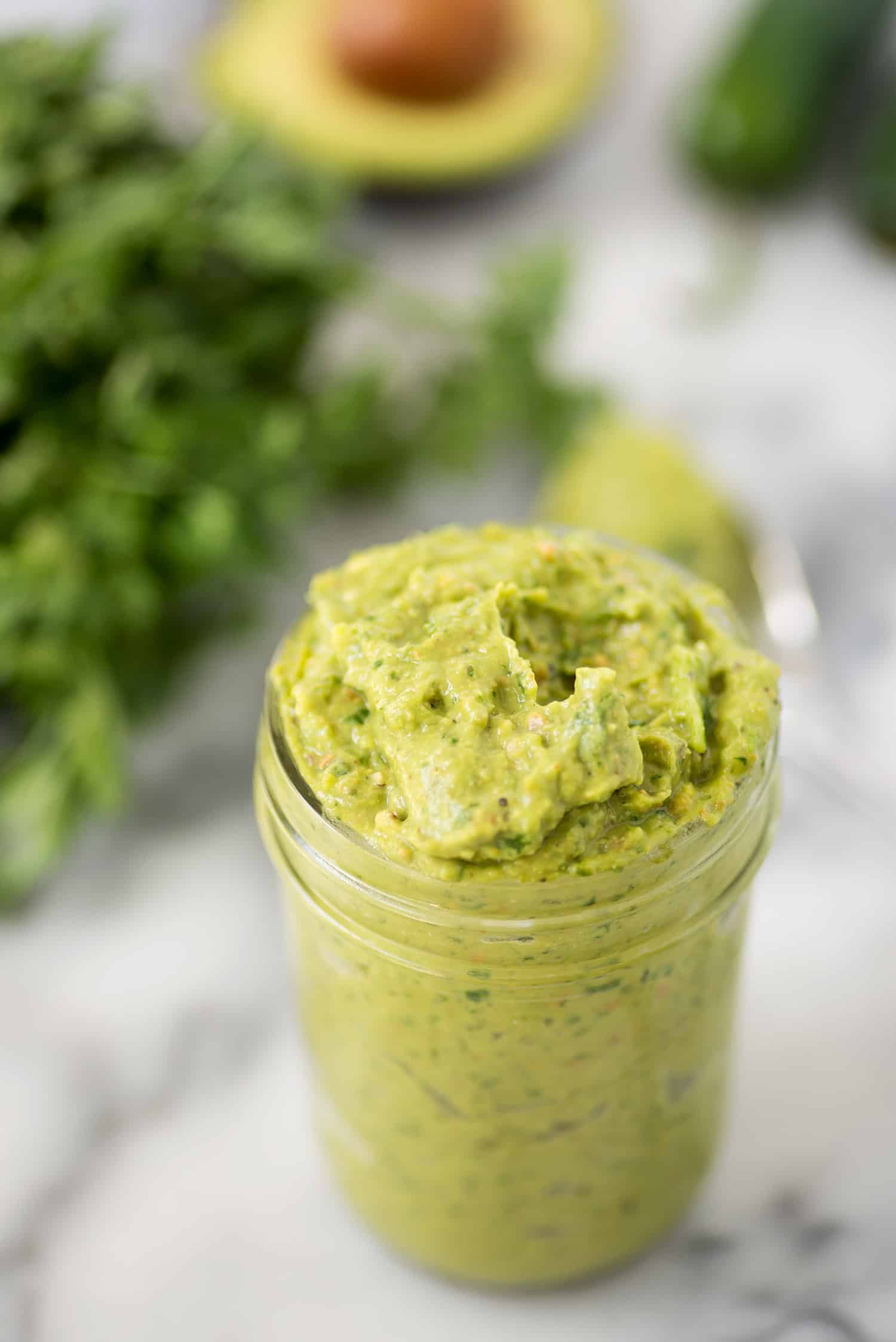 Spicy Green Sauce! Pesto meets guacamole! You are going to love this healthy sauce, perfect for topping on just about everything. Tacos, sandwiches, pasta, ect. Vegan & Gluten-free | www.delishknowledge.com
