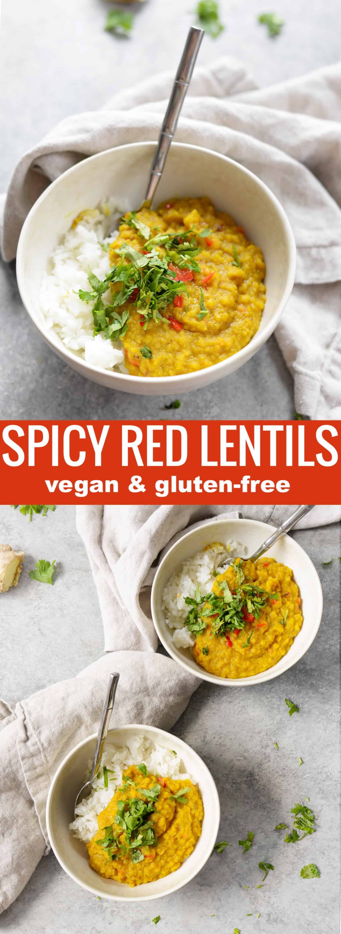 Spicy Red Lentils and Rice! If you love Indian dal, you've gotta try this healthy, vegan and gluten-free dish. Spiced lentils in a savory curry sauce served with rice. | www.delishknowledge.com