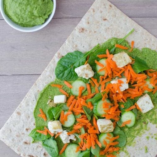 Spinach Hummus Wrap 7 Spinach Hummus! Slightly Spicy Hummus Wrapped Into Whole Wheat Lavish Bread And Topped With Veggies And Lightly Fried Tofu. Healthy And Filling Lunch!